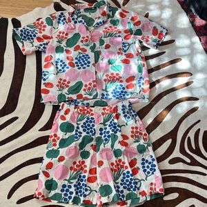Marimekko x Uniqlo Floral & Fruit shirt and short set.